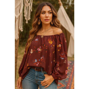 Ann Taylor Blouse XL Burgundy Floral Boho Peasant Top Long Sleeve Romantic Fall